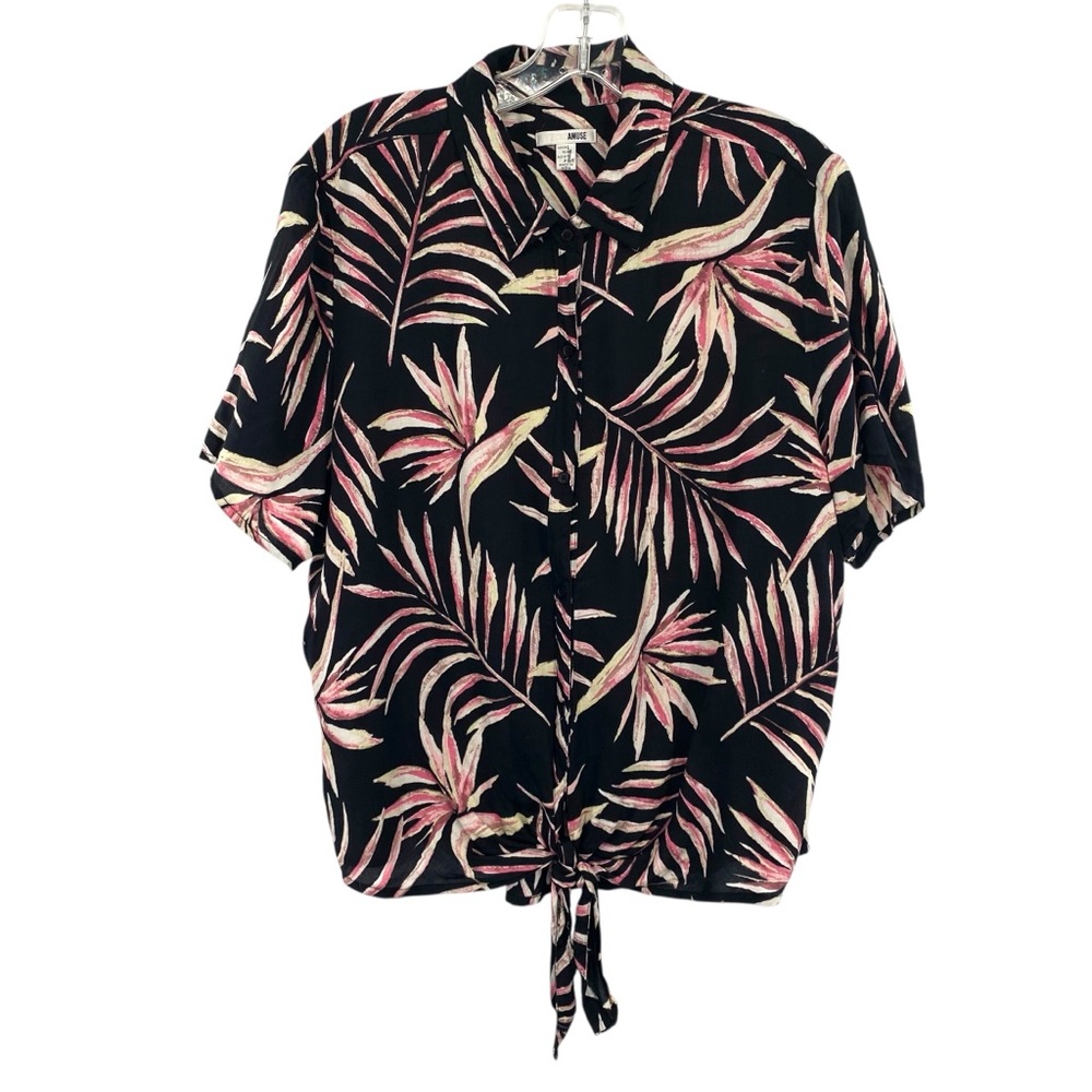 Amuse Society Black Hawaiian Floral Print Front Tie Button Up Shirt - Picture 2 of 8